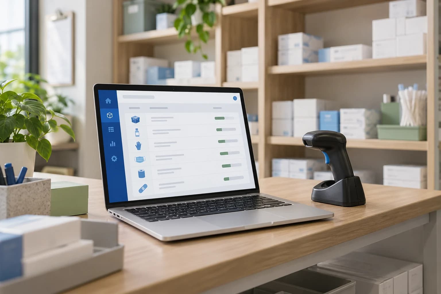 Concept visualization of an inventory laptop and scanner with unbranded stock boxes; not the actual BP Chiro interface or premises.