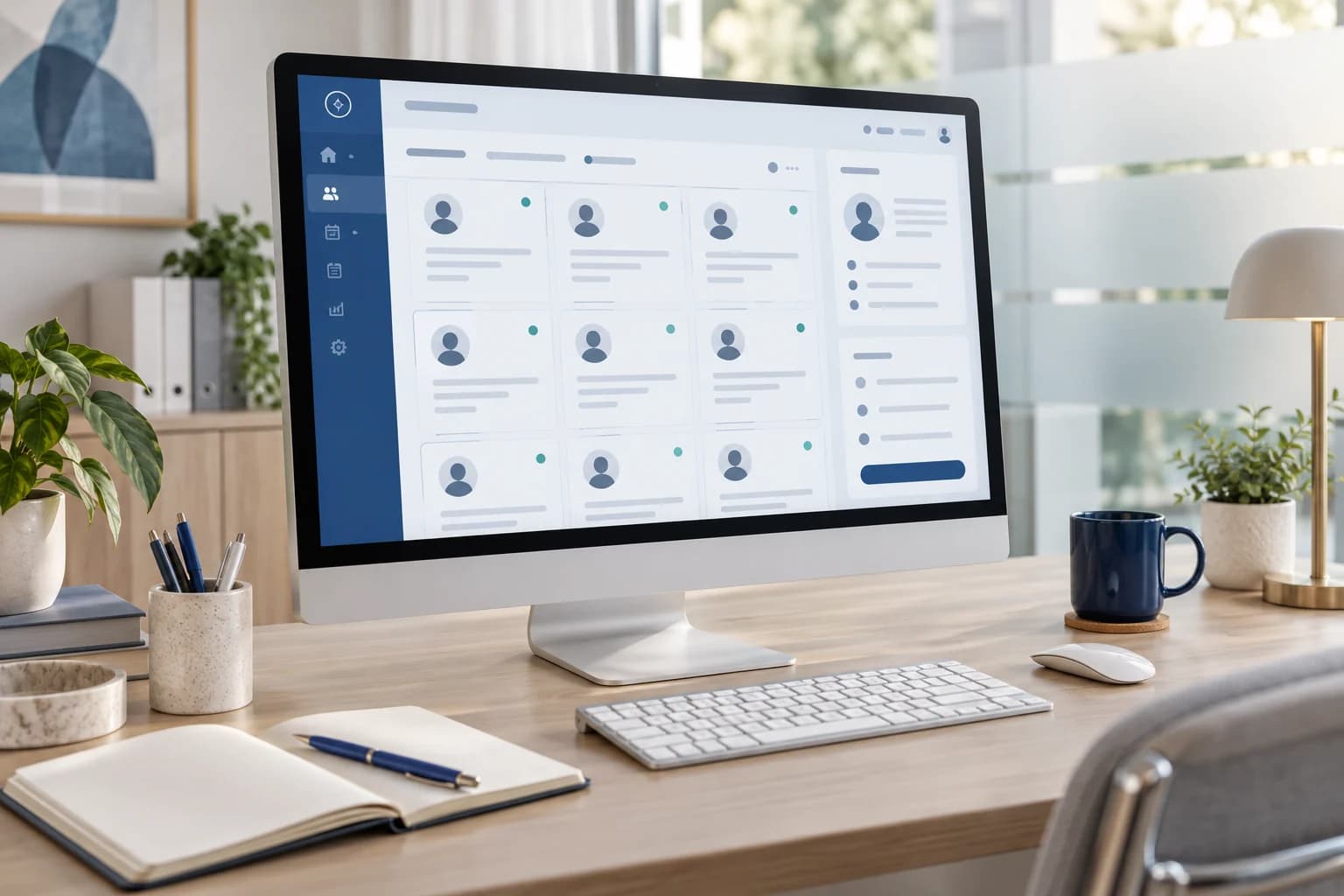 Concept visualization of membership management on a desktop monitor, with fictional anonymous member cards; not the actual BP Chiro interface.