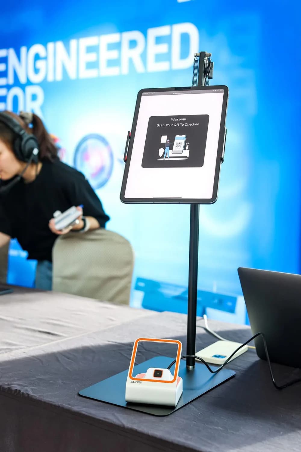 A tablet and scanner configured for QR event check-in.