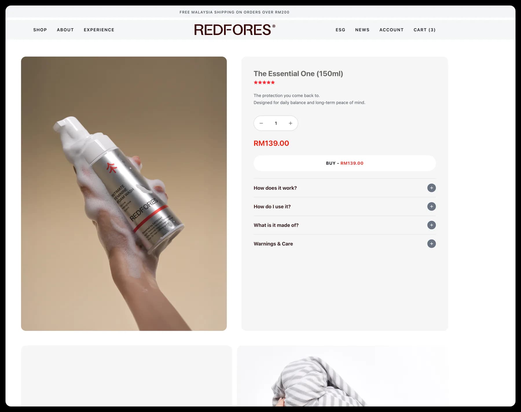 RED FORES product page showing product information, quantity selection, pricing, and purchase controls.