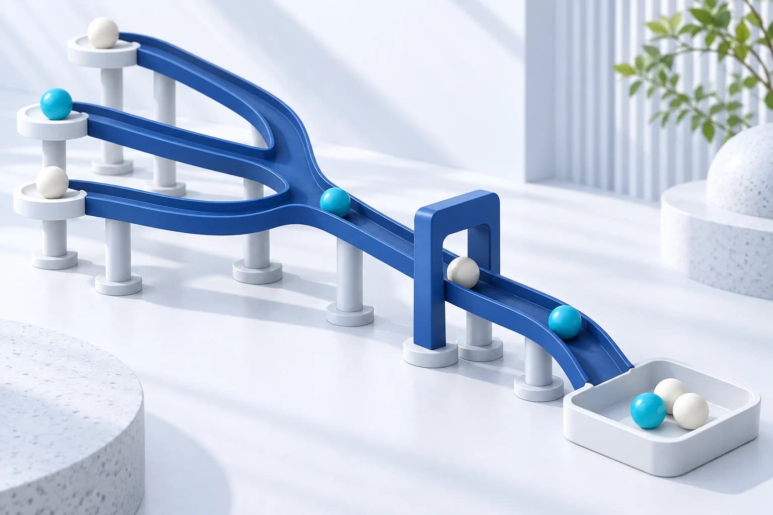 AI-generated concept: blue tracks merge through a review gate into one orderly route, illustrating a connected workflow.