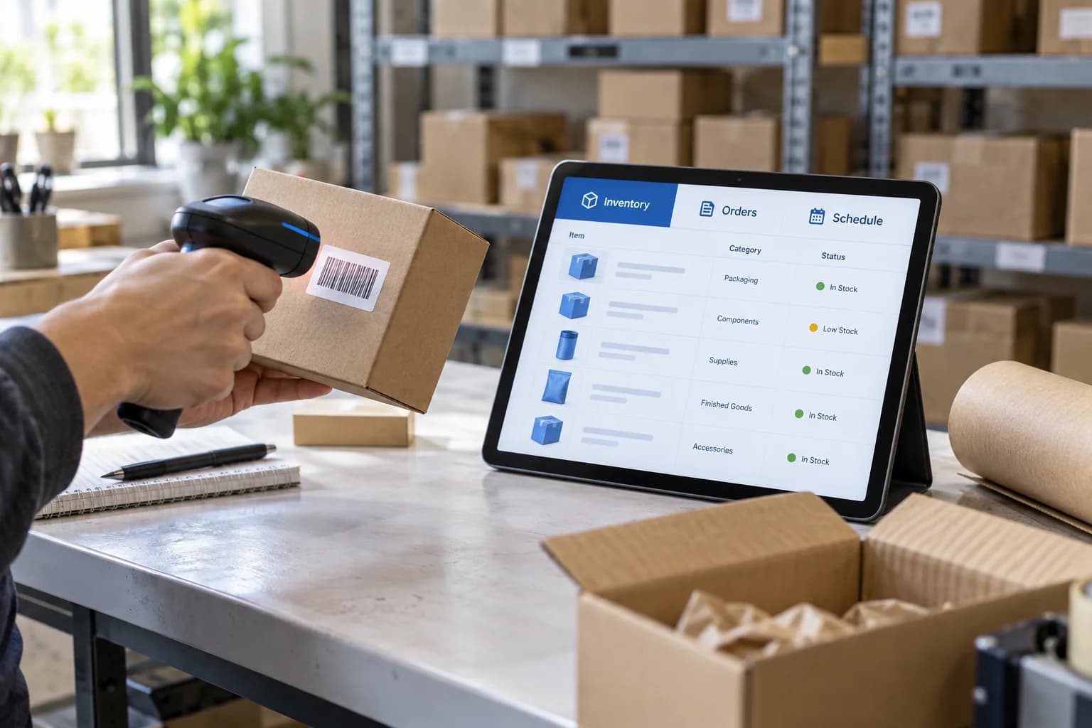 AI-generated custom software concept: barcode scanning connects physical stock with an inventory, order and scheduling system.