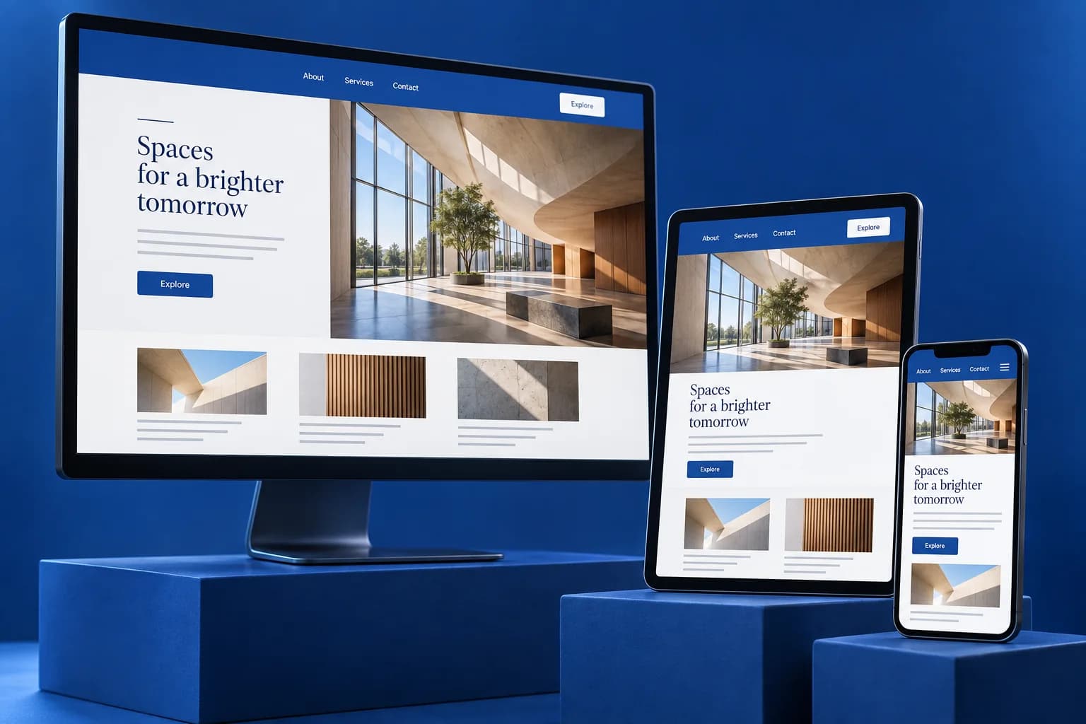 AI-generated web development concept: one responsive business website adapts across desktop, tablet and mobile screens.