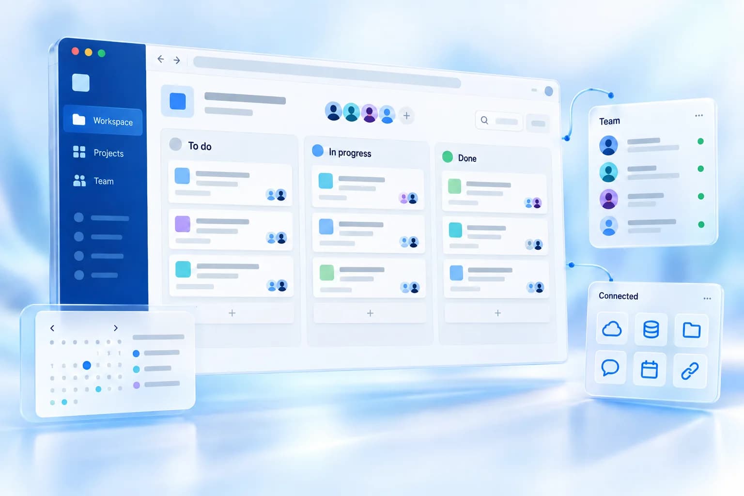 AI-generated SaaS concept: a shared cloud workspace with a project board, team access and connected applications.